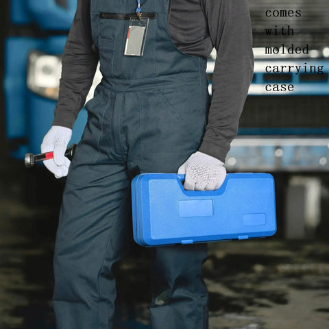 Person holding blue case for Beefy 6 Ton Manual Knockout Hole Punch Kit With Ratchet Wrench And Six Die Set One Half Inch To Two Inch Conduit Holes