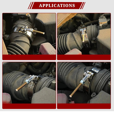 T Bolt Hose Clamp Set 14-Piece Heavy Duty Stainless Steel 304 For Turbo Intake And Radiator Hoses Sizes From 1 Inch 32-37mm To 3 Inch 83-91mm Rust Resistant Clamp Kit With Durable Construction And Secure Fit installed on engine hoses.