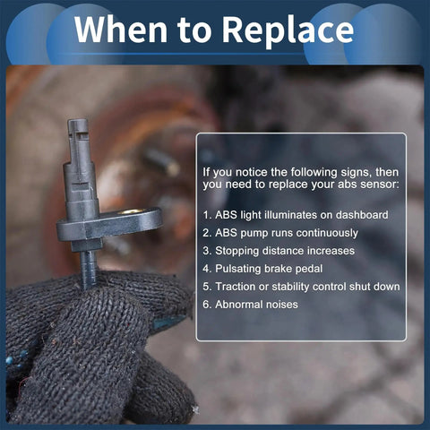 ABS wheel speed sensor held by gloved hand; black plastic sensor with mounting tab.