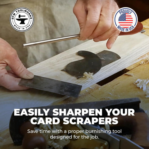 Pro Grade Cabinet Scraper Burnisher Tool With Hard Maple Handle And Super Hard High Speed Steel Rod in use for woodworking.