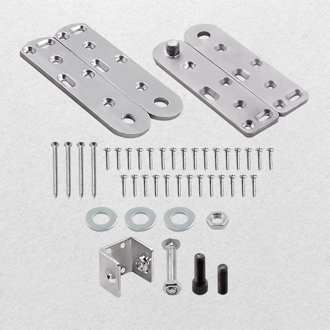Hidden Bookcase Door Pivot Hinge Kit For Secret Doors With 500 Lb Capacity Heavy Duty Steel Hinges laid out with screws and components