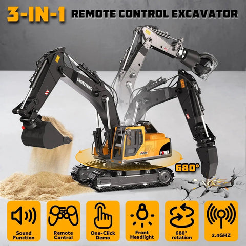 3 In 1 Remote Control Excavator Toy With Interchangeable Bucket Claw And Drill, RC Vehicle Shown with Rotating Function