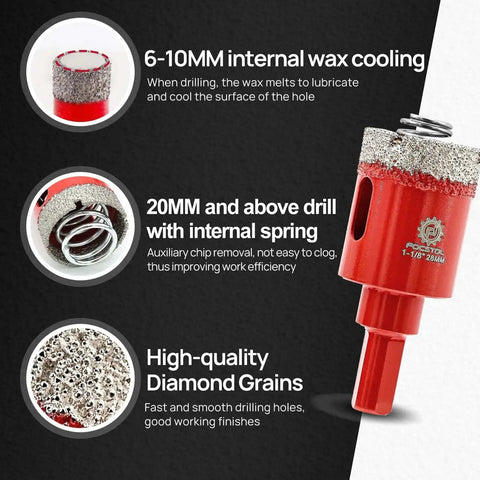Diamond Core Drill Bit Set For Porcelain And Ceramic Tile, 13 Piece Kit With Triangle Shank Bits in detailed view highlighting features.