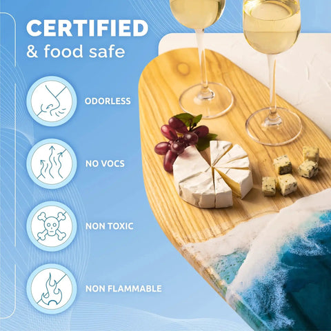 Crystal Clear Epoxy Resin Kit With Pumps For Food Safe Coasters And Jewelry wooden board with cheese and wine
