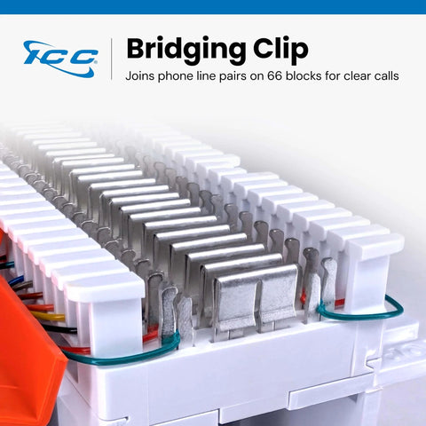 Close-up of tin-plated phosphor bronze U-shaped clips on 66 blocks for network maintenance and reliable conductivity.