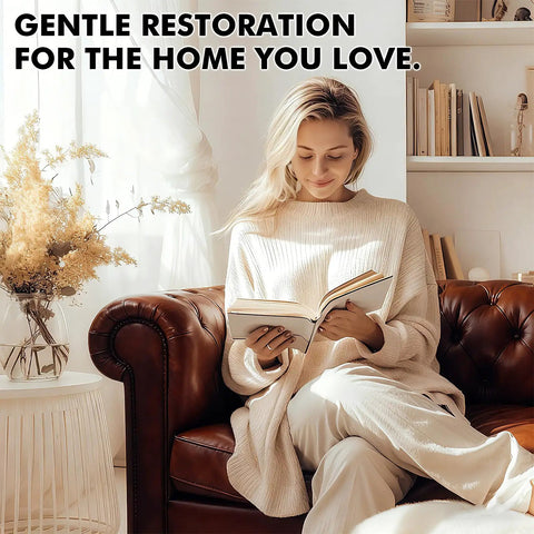 Person reading on a dark brown leather couch, showcasing the effectiveness of Dark Brown Leather Recoloring Balm for Furniture Repair And Restoration Startso World Leather Dye And Color Restorer For Couches Perfect For Faded And Scratched Leather.