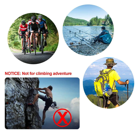 Cyclists, fishermen, and hiker outdoors; warning "Not for climbing adventure" with image of climber and red X.