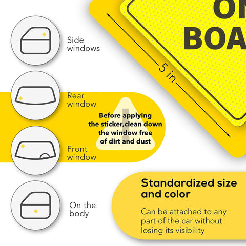 Baby On Board Car Sign 2 Pack 5x5 Inch Bright Yellow See Through When Reversing Durable Adhesive Non Magnetic Safety Sticker For Kids Great For Daily Use And Easy To Attach To Any Vehicle on car window and body usage instructions.
