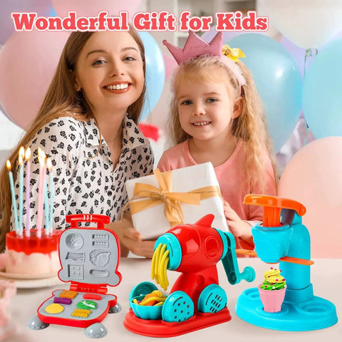 3 In 1 Dough Set With 59 Pieces For Kids Ages 3 And Up Ice Cream Maker Noodle Machine Burger Maker Kitchen Creations Craft Kit Fun Food Play Toys For Boys And Girls Creative Playtime displayed with happy children enjoying play.