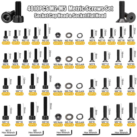 4005 Piece Metric Screw Assortment Kit With M2 M3 M4 M5 Hex Socket Cap Head And Flat Head Screws, Nuts, Washers, And Wrench