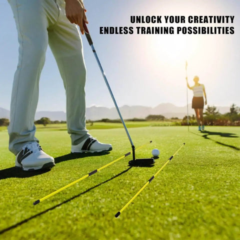 Golfer using Two Pack 40 Inch Golf Alignment Sticks With Magnetic Club Alignment Rod on green, visualizing swing path and club direction.