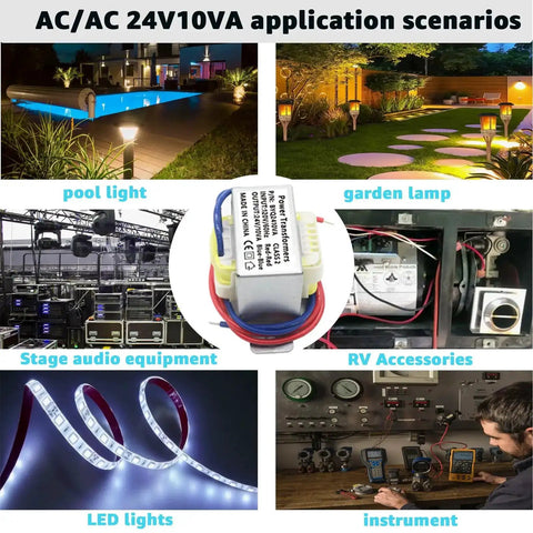 Application scenarios of 120V To 24V Isolation Transformer For Audio And Stage Lighting, including pool light, garden lamp, RV, and LED lights.