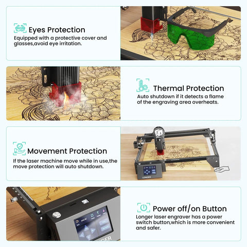 Ray5 5W Laser Engraver With 3.5 Inch Touch Screen And 400x400mm Bed For Wood Metal Acrylic Glass Offline CNC Laser Cutter 0.08mm Spot High Speed With Higher Accuracy For DIY Projects showing safety features and power button