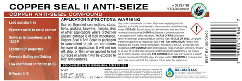 Label of High Temp Copper Anti Seize Lubricant 1800F For Spark Plugs Exhaust Manifolds Bolts And Brakes Prevents Seizing And Corrosion USA Made 8oz
