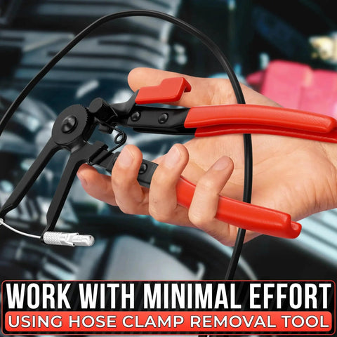 Radiator Hose Clamp Tool With Ratchet Locking Pliers For Easy One-Hand Operation showing red grip and black pliers in use.