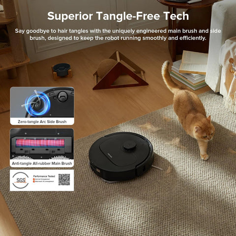 Robot vacuum and mop, black, roborock Qrevo series, on beige carpet with cat nearby.