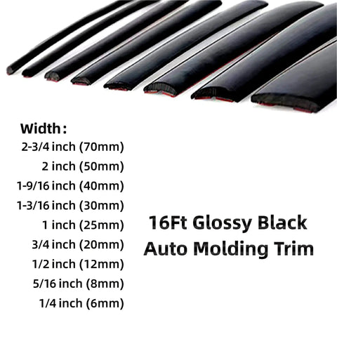 Variety of 16 Foot Glossy Black Car Exterior Interior Molding Trim Self Adhesive Universal showing different widths