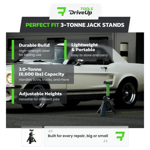 3 Ton Adjustable Floor Jack Stands Set Of 2 With 11 To 17 Inches Lift in front of a white car