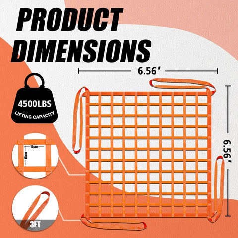 Heavy Duty Nylon Lifting Net For Hoist 4500 Lbs Load Capacity 6.56 Ft Square shown with dimensions and features