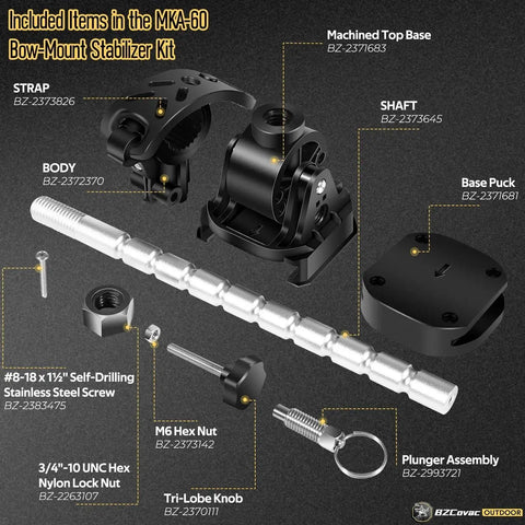 Electric Shaft Stabilizer For Bow Mount Trolling Motors MKA 60 kit with base, shaft, screws, plunger, and tri-lobe knob.