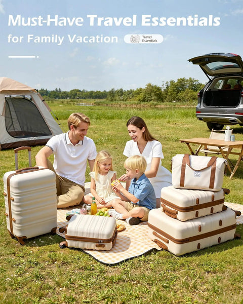 Family picnicking with Rugged Hardside Luggage Set For Easy Travel Beige Brown 6 Piece Carry On Suitcases