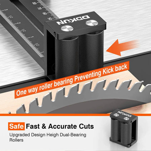 Thin Rip Jig For Table Saw With Dual Bearing Safety Rollers For Repetitive Narrow Strip Cuts device on saw blade close-up