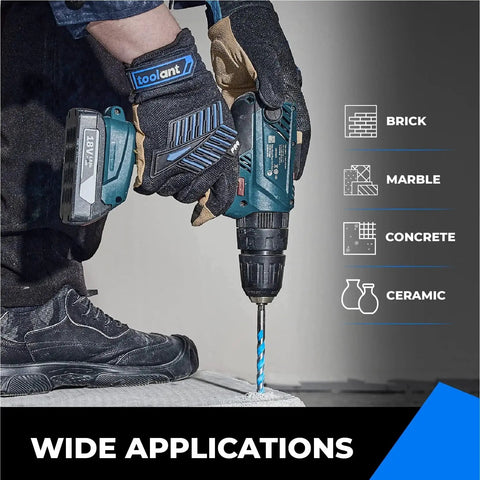 Heavy Duty Three Sixteenth Inch Concrete Drill Bit Set For Masonry And Hammer Drills With Shockproof Hex Shank Box Of 10 Industrial Strength Carbide Tips For Glass Brick Plastic Cement Tile By Toolant shown drilling into concrete