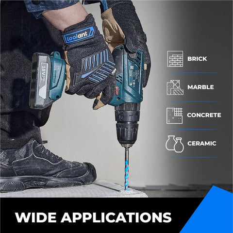 Person using 3/8 Inch Masonry Drill Bit Set With Shockproof Hex Shank For Hammer Drills on concrete surface