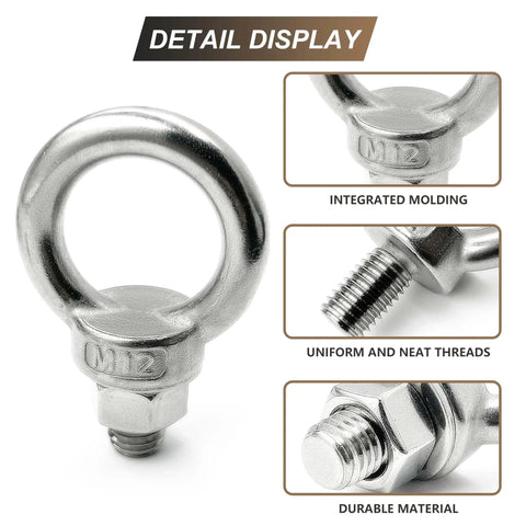 Four-Piece M12 X 20mm 304 Stainless Steel Eye Bolt Set Built Tough For Lifting With Shoulder Ring Heavy-Duty Threaded Eyebolts