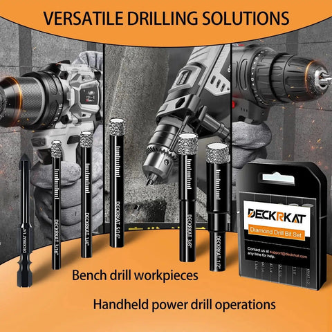 7 Piece Dry Diamond Drill Bit Set For Tile And Masonry Includes Three Sixteenths Inch One Quarter Inch Twice Five Sixteenths Inch Three Eighths Inch One Half Inch And One Quarter Inch Bit Ideal For Glass Ceramic Marble Porcelain DIY Friendly DECKRKAT with drills and packaging