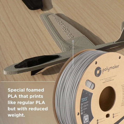 Lightweight Grey PLA Filament 1.75mm 0.8kg for 3D Printing spool with printed drone component, PolyLite Low Density PLA, 0.9 g/cm3 density.