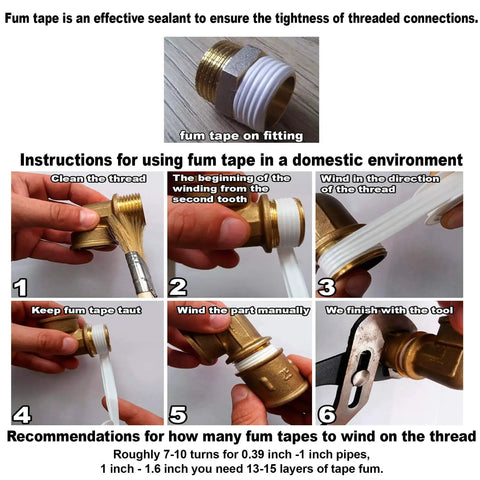 Step-by-step guide showing how to apply Three Quarters Inch PTFE Thread Seal Tape For Plumbers Pro Grade Teflon Plumbing Tape White 590 Inches