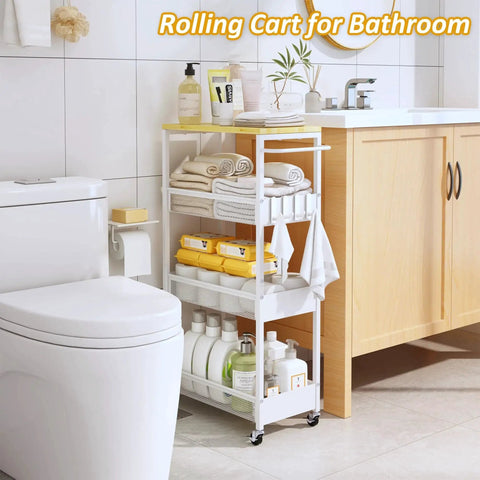 Slim Rolling Utility Cart Four Tier Metal Narrow Storage Cart With Wood Top in bathroom beside cabinet and toilet.