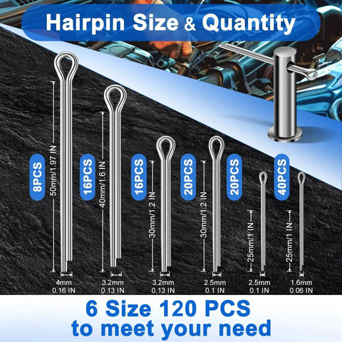 Premium 220 Piece Cotter Pin Assortment Kit Featuring 13 Sizes In 304 Stainless Steel showing different hairpin sizes and quantities