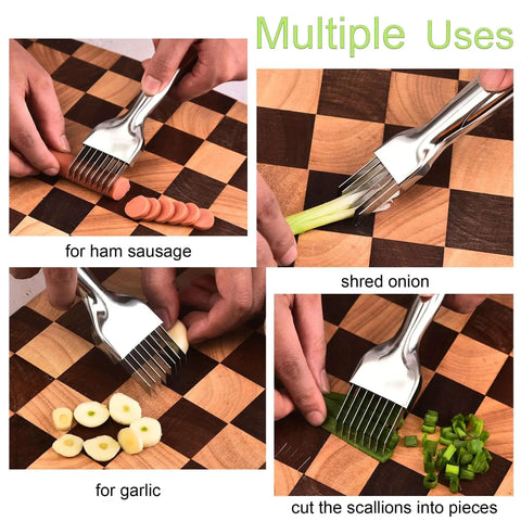Six Blade Scallion Cutter Shred Knife With Stainless Steel Blades For Even Onion And Garlic Shredding in use for vegetables