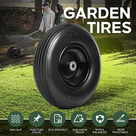 13 Inch Solid Flat Free Replacement Tire And Wheel 4.00-6 With Five Eighth Inch Axle Bore for Garden Carts, showcasing durability features.