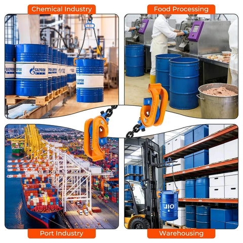 Upgraded Chain Drum Lifter For 30 And 55 Gallon Closed Drums With 1 Ton Capacity shown in various industries