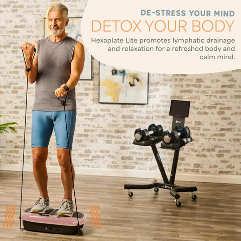 Man using HexaPlate Lite Vibration Plate for full body toning and recovery with lymphatic drainage, compact vibe platform in gym setting