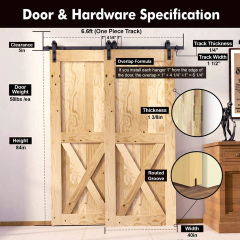 Black Rustic Single Track Bypass Sliding Barn Door Hardware Kit For Double Doors Fits 40-Inch By 84-Inch Openings 6.6-Foot Flat Track Straight Roller Heavy-Duty Nylon Wheels No-Nonsense Easy Install Interior Use Only, showing wooden doors with detailed specifications.