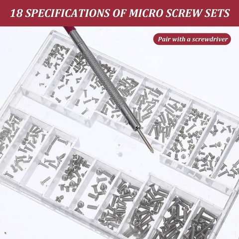 500Pcs Eyeglass Repair Kit With Tiny Micro Screws And Phillips Screwdriver for fixing glasses and electronics, 18 sizes shown