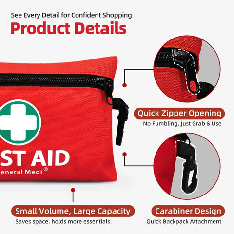 Focus on red case design of Must Have 110 Piece Mini Grab And Go First Aid Kit For Travel Home Office Car And Outdoors with zipper and carabiner.