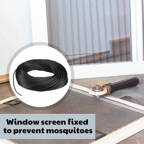 250 Ft Screen Spline Replacement Black Window Retainer Spline roll next to window screen and installation tool.