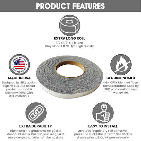 Gasket roll LavaLock, grey high-temp BBQ Nomex seal, 1/2 in x 1/8 in x 14 ft, self-adhesive.