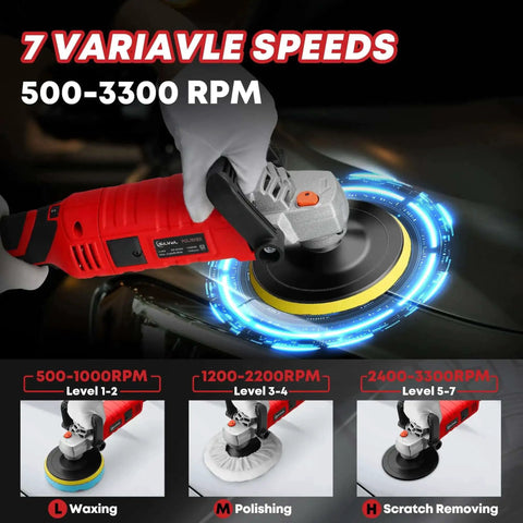 1600W Car Polisher With 7 Inch And 6 Inch Heads Variable Speed Polishing Machine For Detailing Includes 6 Foam Pads And 3 Wool Pads Waxing And Boat Polishing in use, showcasing 7 variable speeds from 500-3300 RPM.