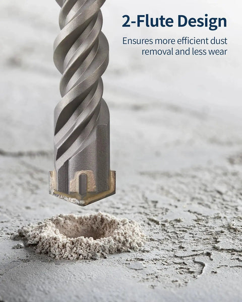 Close-up of Four Cutter Carbide Tipped Head Three Eighths Inch By Twelve Inch SDS Plus Rotary Hammer Drill Bit on concrete.
