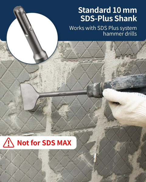 Alloy Steel Cranked Tile Removal Chisel For SDS Plus Rotary Hammers 3 Inch Wide By 10 Inch Long Bent Tile Chisel Bit For Ceramic Tile Cement Thinset Mortar Vinyl Fits Dewalt Bosch Milwaukee Makita Hitachi SDS Tools FS18310 in use, showing SDS Plus Shank on tile wall.