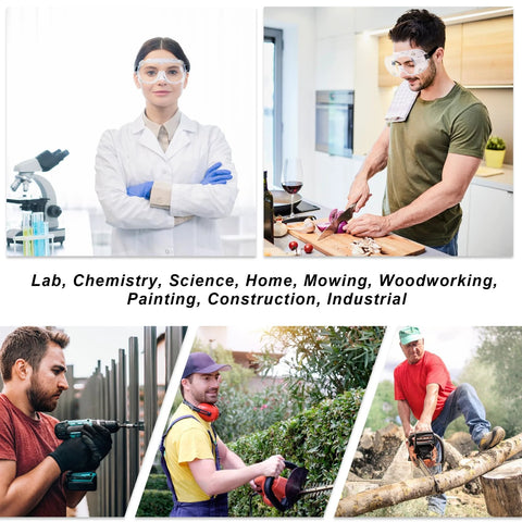 Collage of people using Anti Fog Safety Goggles Over Glasses for Lab, Woodworking, Painting, and Mowing tasks.
