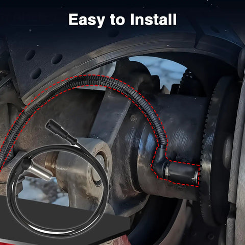 Installed view of LQYLMY 2-pack truck ABS speed sensor harness around wheel hub; black corrugated cable with plug.