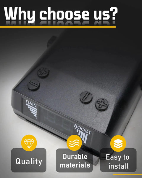 GAIN proportional brake controller unit; black digital-display module with top buttons for 1–4 axle vehicles, close-up