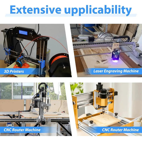 Collage of 3D printer, laser engraver, and CNC router machines demonstrating extensive applicability.